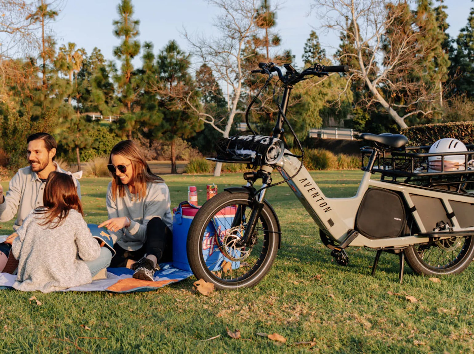 A family sits on the grass with their bikes, enjoying a sunny day together in a park setting.