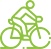Man riding a green icon, symbolizing movement or transportation in a stylized graphic design.